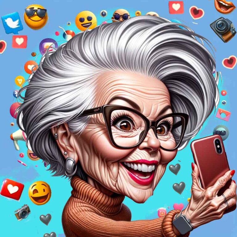 Older woman who fancies herself as a social media influencer taking selfies of herself.