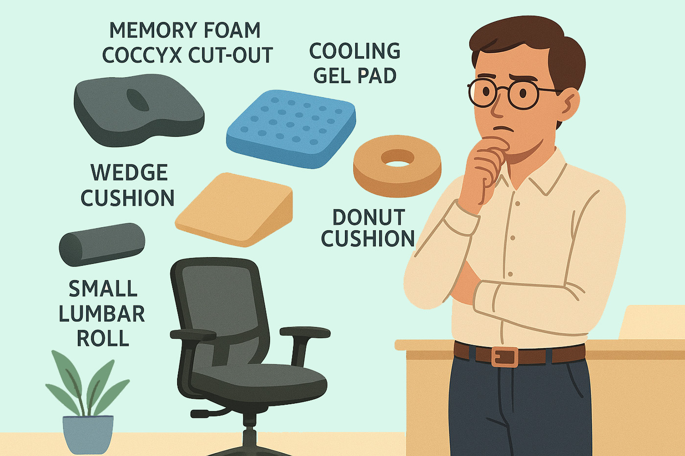 man considering types of desk chair cushions