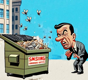 Cartoon image of man wrinkling his nose smelling the content that's in an overloaded dumpster. Image source: ChatGPT