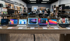laptop computers on display in a store