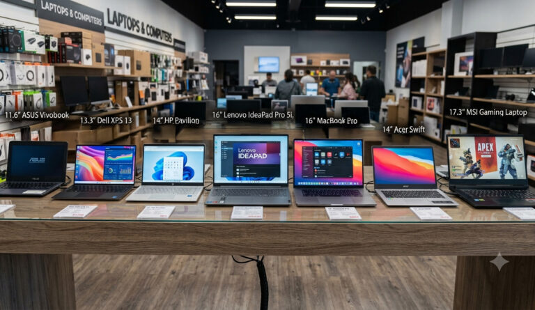 laptop computers on display in a store