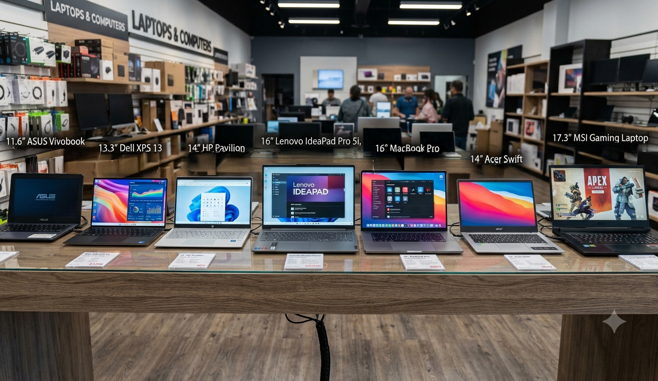 laptop computers on display in a store