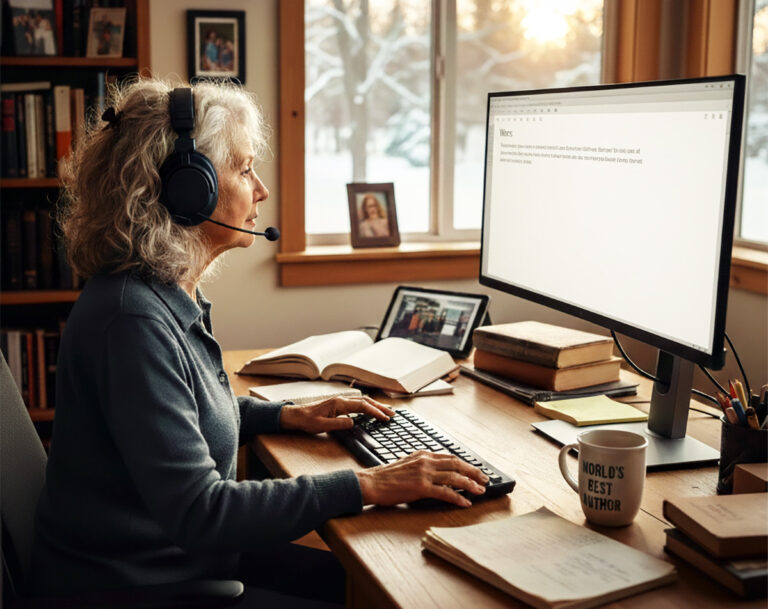 woman using headphone and mic fo4r voice to text dictation